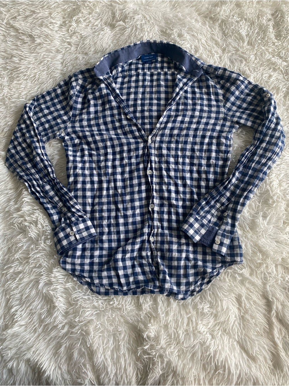 Zara Men's Blue and White Check Button-Up Shirt Collared Dress Shirt